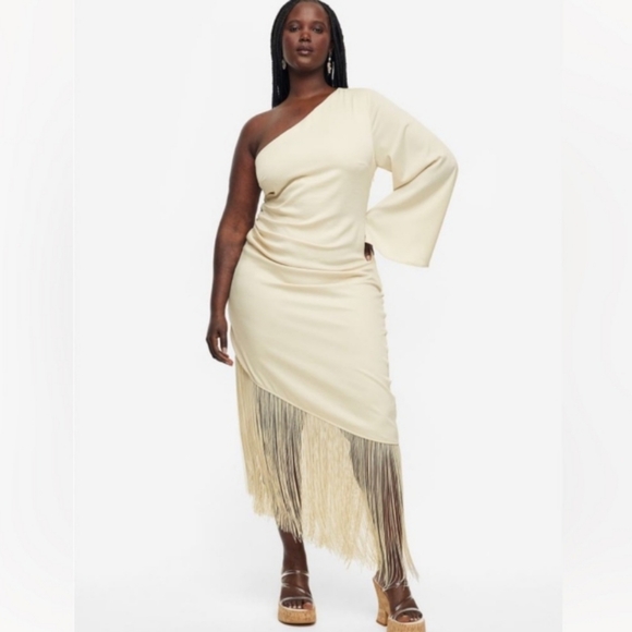 H&M Cream One-Shoulder Fringe Midi Dress - Picture 5 of 6